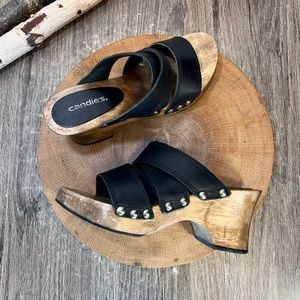 *Candies | Vintage 90's Wooden Clog 3 Strap Leather Heeled Sandals Black Size 6